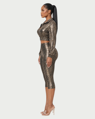 LYRAN Snakeskin Print Cropped Zip-Up Jacket & Capri Pants Set