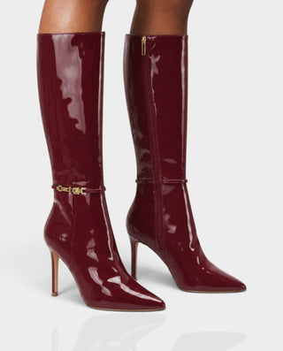 YENG Pointed Toe Patent Leather Knee-High Stiletto Boots