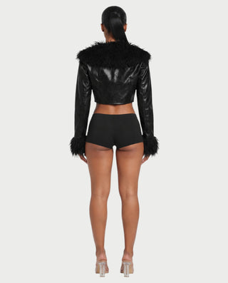 ADALEE Faux Leather Bolero Crop Jacket with Shaggy Fur Detailing