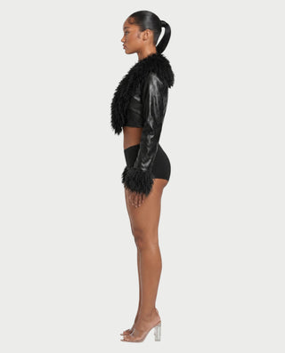 ADALEE Faux Leather Bolero Crop Jacket with Shaggy Fur Detailing