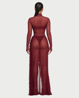 ZARVINA Sheer Mesh Mock Neck Bodysuit & Feather Skirt Set