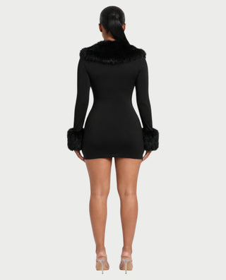 NANIA Faux Fur Trim Long Sleeve Bodycon Mini Dress