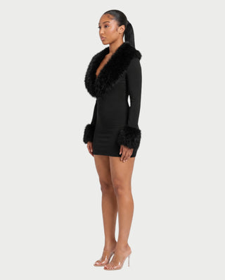 NANIA Faux Fur Trim Long Sleeve Bodycon Mini Dress