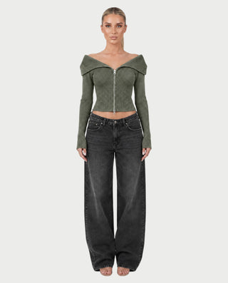 ARMINDA Washed Off-Shoulder Foldover Knit Sweater