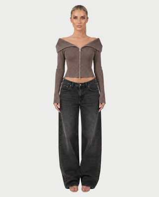 ARMINDA Washed Off-Shoulder Foldover Knit Sweater