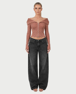 ARMINDA Washed Off-Shoulder Foldover Knit Sweater