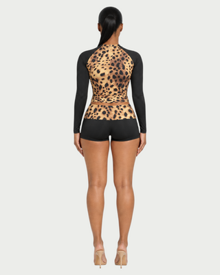 ADAIR Leopard Print Contrast Long Sleeve Top & Mini Shorts Set