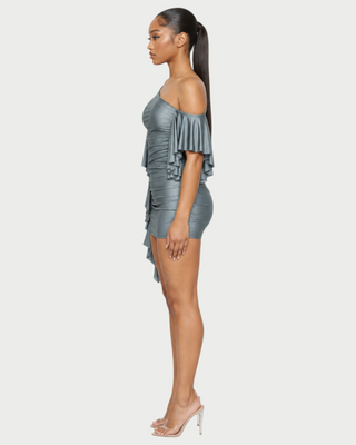 FARREN One-Shoulder Draped Sleeve Ruched Mini Dress
