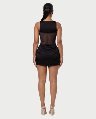 AVIGAIL Cowl Neck Sheer Mesh Draped Satin Mini Dress