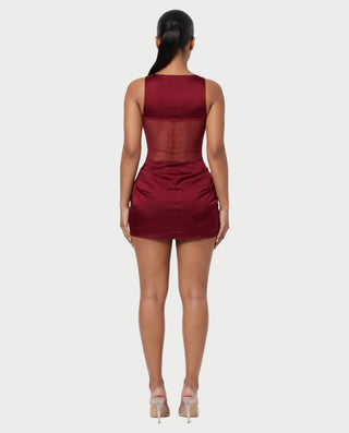 AVIGAIL Cowl Neck Sheer Mesh Draped Satin Mini Dress