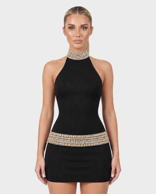 JIMENA Rhinestone High Neck Bodycon Mini Dress
