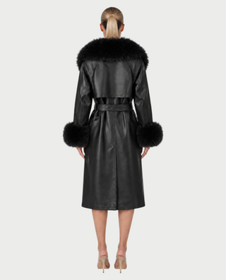 ZAMICA Faux Leather Faux Fur Collar Belted Trench Coat