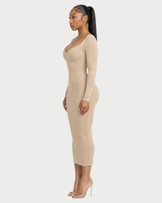 CORA Ribbed Knit Sweetheart Square Neck Midi Dress