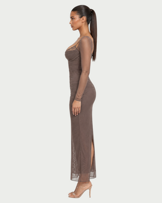 NOIR Lace Bust Sheer Mesh Long Sleeve Maxi Dress
