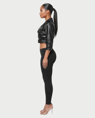 ARDEN Cropped Faux Leather Moto Jacket with Belted Waist
