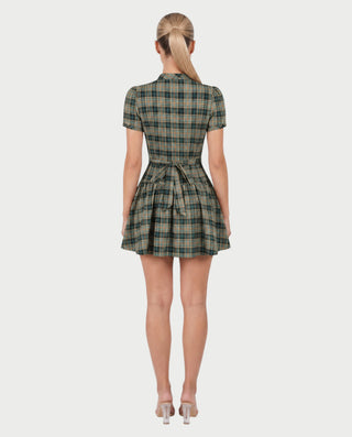 MIRIANA Plaid Mock Neck Puff Sleeve Button Detail Mini Dress