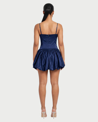 ADRIELA Satin Spaghetti Strap Drop Waist Bubble Mini Dress