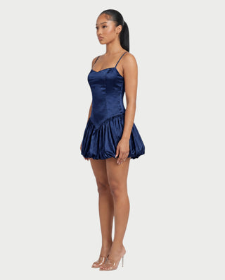 ADRIELA Satin Spaghetti Strap Drop Waist Bubble Mini Dress