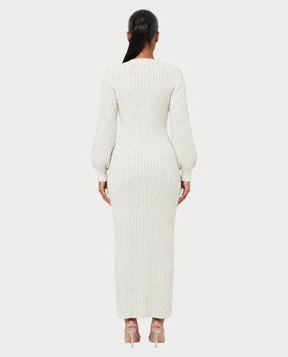 KIVA V-Neck Ribbed Knit Balloon Sleeve Maxi Dress