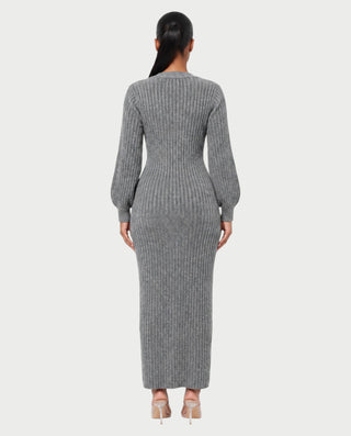 KIVA V-Neck Ribbed Knit Balloon Sleeve Maxi Dress