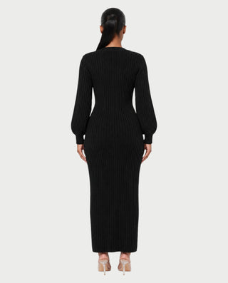 KIVA V-Neck Ribbed Knit Balloon Sleeve Maxi Dress