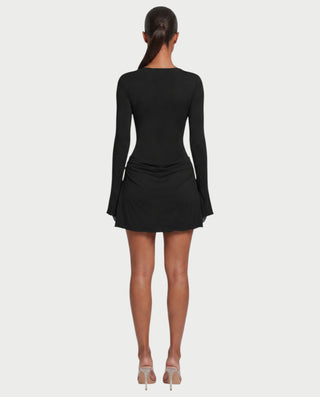 CASSANDRA Plunge Neck Long Sleeve Flared Mini Dress