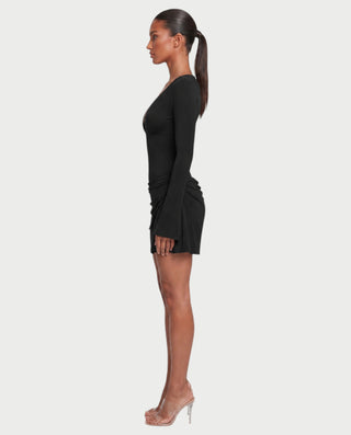 CASSANDRA Plunge Neck Long Sleeve Flared Mini Dress
