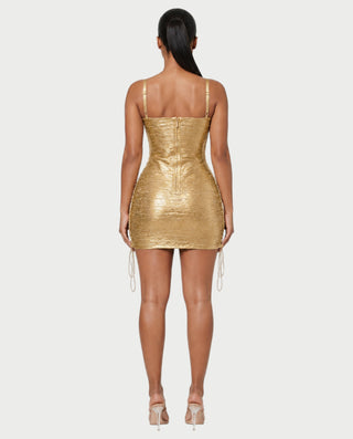 ZAKIYA Lace-Up Side Square-Neck Metallic Mini Dress
