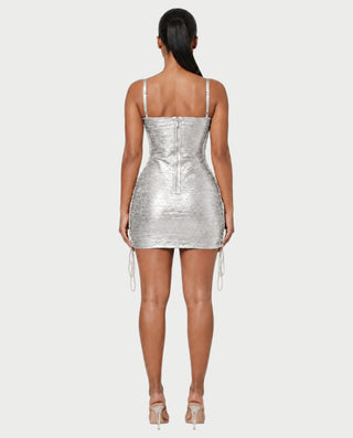 ZAKIYA Lace-Up Side Square-Neck Metallic Mini Dress