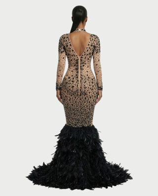 SOSANE Diamond High-Neck Feather Mermaid Maxi Dress
