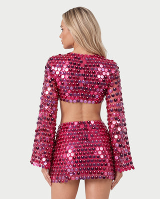 ARMANA Sparkly Disc Sequin Long Flare Sleeve Mini Dress