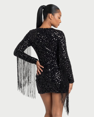 ARGINA Sequin Keyhole Cutout Tassel Fringe Mini Dress
