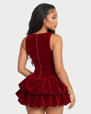 CORRENE Boat Neck Bubble Hem Velvet Mini Dress