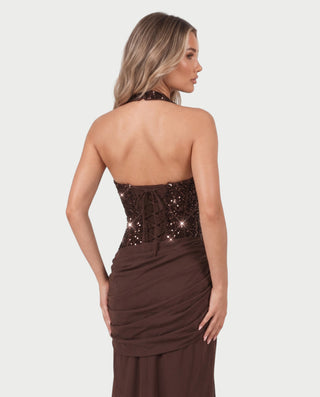 VIVIENNE Plunging Neckline Ruched Mermaid Evening Gown