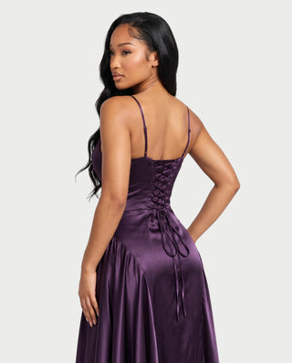 EMMELINE Plunging V-Neck Satin A-Line Maxi Dress