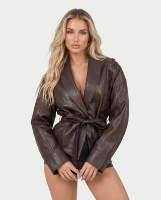 MAELLE Puff Sleeve Shawl Collar Belted Wrap Jacket