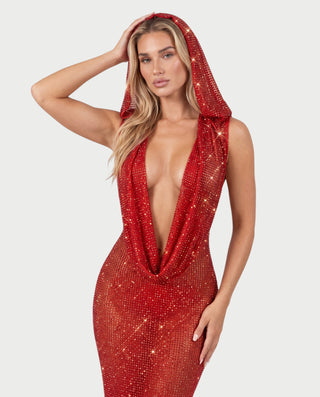 FIAMMA Hooded Sequin Sparkly Deep V-Neck Maxi Dress