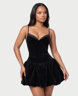 LINARA Spaghetti Strap Velvet Drop Waist Mini Dress