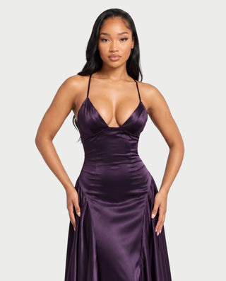 EMMELINE Plunging V-Neck Satin A-Line Maxi Dress
