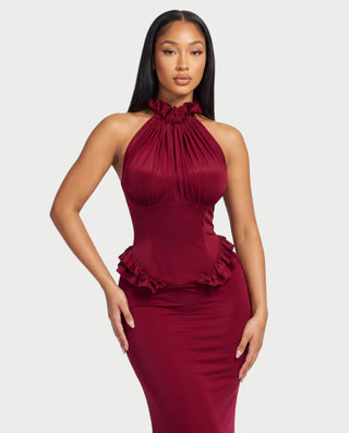 MINETTE High Neck Ruffle Trim Fitted Maxi Dress
