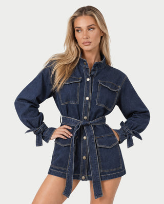 NARMINA Denim Pockets Belted Cargo Jacket