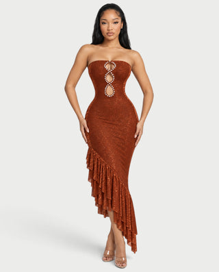 WILLIA Strapless Rhinestone Ruffle Hem Bodycon Maxi Dress