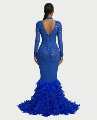 SOSANE Diamond High-Neck Feather Mermaid Maxi Dress