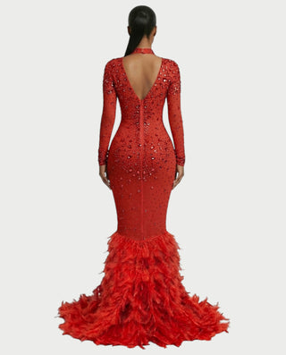 SOSANE Diamond High-Neck Feather Mermaid Maxi Dress