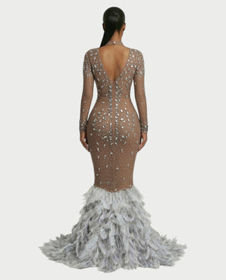 SOSANE Diamond High-Neck Feather Mermaid Maxi Dress