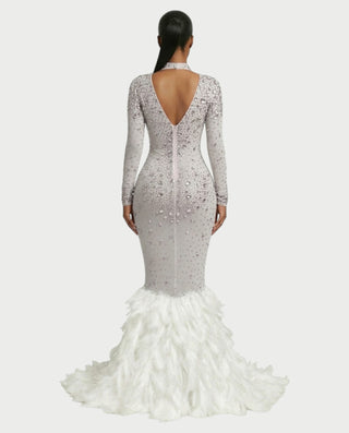 SOSANE Diamond High-Neck Feather Mermaid Maxi Dress