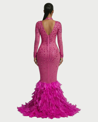 SOSANE Diamond High-Neck Feather Mermaid Maxi Dress
