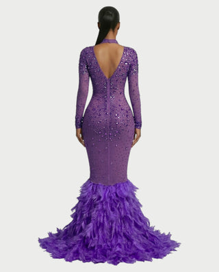 SOSANE Diamond High-Neck Feather Mermaid Maxi Dress