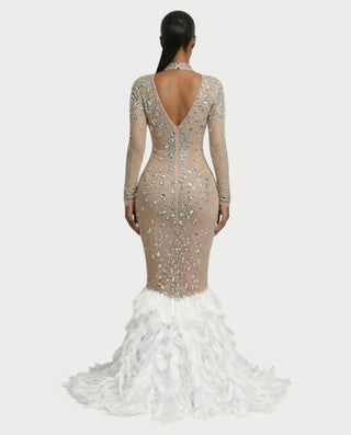 SOSANE Diamond High-Neck Feather Mermaid Maxi Dress