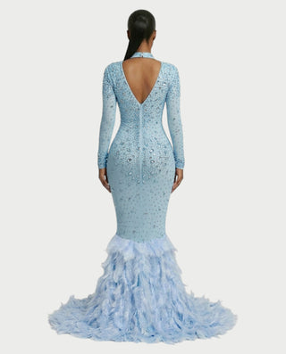 SOSANE Diamond High-Neck Feather Mermaid Maxi Dress